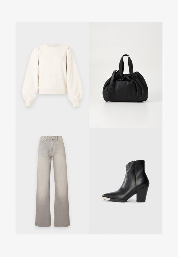 Krämfärgad sweatshirt med puffärmar, ribbade manschetter och broderade hjärtformat mönster över hela. Mjukt bomullstyg med en avslappnad passform.; Grå vidbenade jeans med en blekt finish, knappstängning, femficksdesign och sömnad detaljer längs sömmarna.; Svart läder ankelsko med spetsig tå, hög blockklack och detaljer i silver på tån. Slät textur och enkel design.; Svart läderhandväska med en samlad toppdesign, som har två korta handtag och ett långt justerbart axelband. Slät textur, rund form.