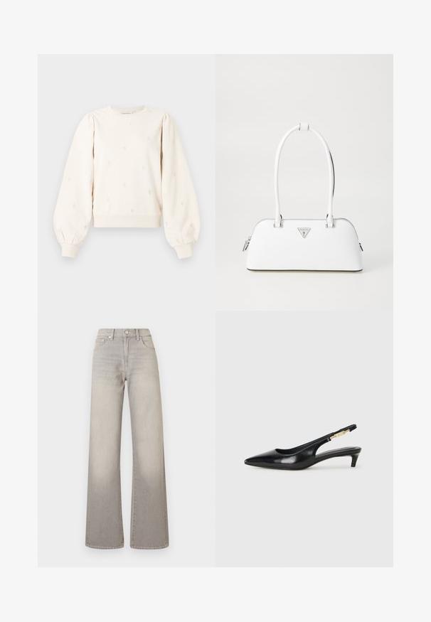 Kreemikas sweatshirt, puffed varrukatega, soonikutega mansettides ja brodüüri südame mustritega üle kogu pinna. Pehme puuvillane kangas, lõdva lõikega.; Hallide lai püksid hallis toonis, kahvatu viimistlusega, nööbiga kinnitamine, viie tasku disain ja õmbluste äärtes kaunistus.; Mustad nahast slingback kontsad terava ninaga, millel on õhuke konts ja kuldse tooni aktsent reguleeritaval rihmal. Sile tekstuur.; Valge nahast käekott, millel on kumer kuju, hõbedane kolmnurkne logo ja lukk. Sile tekstuur ja kaks sangat.