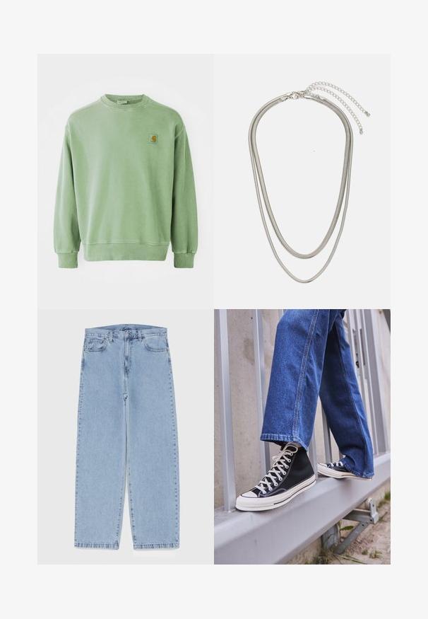 Felpa verde chiaro in cotone, con collo rotondo, polsini a costine e una piccola patch con logo sul lato sinistro del petto. Texture morbida.; Jeans in denim azzurro chiaro con design a gamba dritta, caratterizzati da una vita media, cinque tasche e chiusura con bottone e zip.; Scarpe da ginnastica nere alte con suola e lacci bianchi, abbinate a jeans di denim blu larghi, appoggiate su un parapetto grigio.; Collana in metallo argentato a tre strati caratterizzata da catene sottili e flessibili con una leggera lucentezza, fissata con un gancio a molla e una catena regolabile.