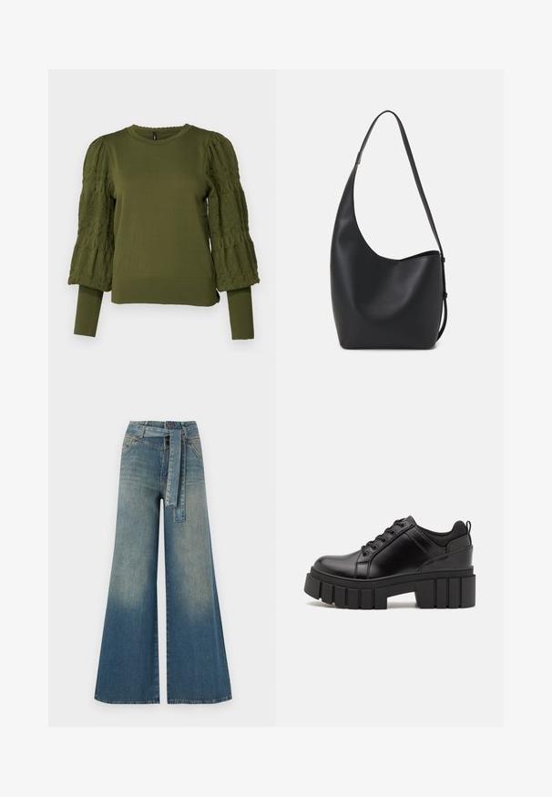 ONLY ONLMELITA O NECK - Svetr - winter moss; Džínové kalhoty širokého střihu s přechodem od světlé k tmavě modré, vysokým pasem, poutky na opasek a odpovídajícím opaskem ze stejného materiálu. Texturovaná džínovina.; Černé kožené platformové boty s masivním blokovým podpatkem, kulatou špičkou a tradičním šněrováním. Mají hladký povrch a minimální detaily.; Černá kožená hobo taška s hladkým povrchem, zakřiveným tvarem a jedním nastavitelným popruhem; má široké otevírání nahoře.