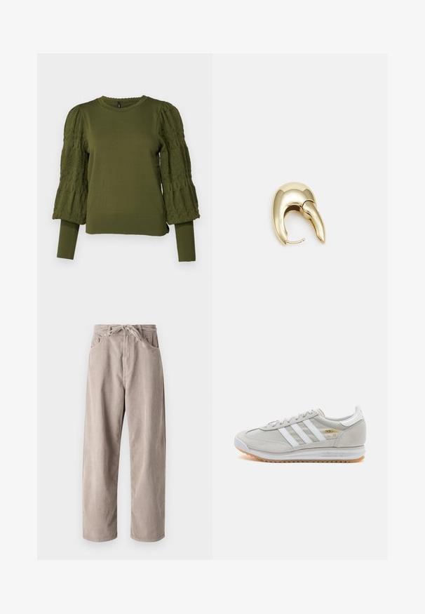 ONLY ONLMELITA O NECK - Svetr - winter moss; Béžové kordové kalhoty s volným střihem, se šňůrkovým pasem, dvěma předními kapsami a vertikálně proužkovanou texturou.; Světlé šedé tenisky vyrobené z semiše a síťoviny, se třemi bílými pruhy, kulatou špičkou a gumovou podrážkou. Zlatý logo akcent u šněrování.; Náušnice ve zlatém tónu z kovu s elegantním zakřiveným designem. Vyznačují se jedinečným špičatým tvarem, lesklým povrchem a závěsem na kloub.