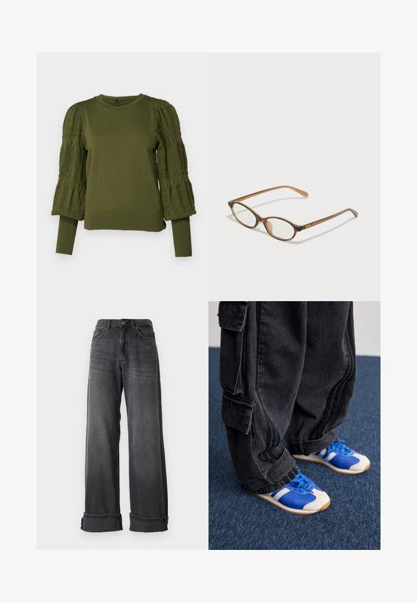 ONLY ONLMELITA O NECK - Jersey de punto - winter moss; Jeans de pierna ancha en denim gris oscuro, con una cintura alta, cinco bolsillos y puños enrolados para un detalle adicional. Textura suave con desvanecidos sutiles.; Persona vistiendo pantalones cargo negros holgados y zapatillas azules y blancas, de pie sobre una moqueta azul oscura.; Gafas de carey marrón con lentes ovalados, patas delgadas y acentos transparentes. Presenta un sutil logo en la varilla. Diseño elegante y ligero.