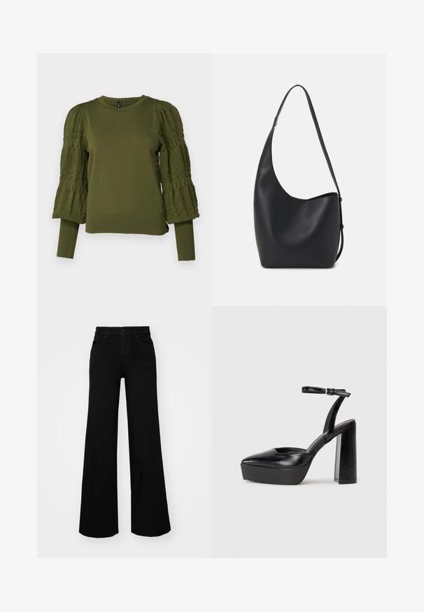 ONLY ONLMELITA O NECK - Strikkegenser - winter moss; Svart vide bukser laget av denim, med en strukturert midjebånd, beltestropper og frontlommer. Glatt tekstur med et klassisk design.; Sorte plattformhelter med spiss tå og justerbar ankelrem. Laget av glatt lær, med en robust blokkhel.; Svart lær hobo-veske med glatt tekstur, buet form og enkelt justerbart stropp; har en bred åpning på toppen.