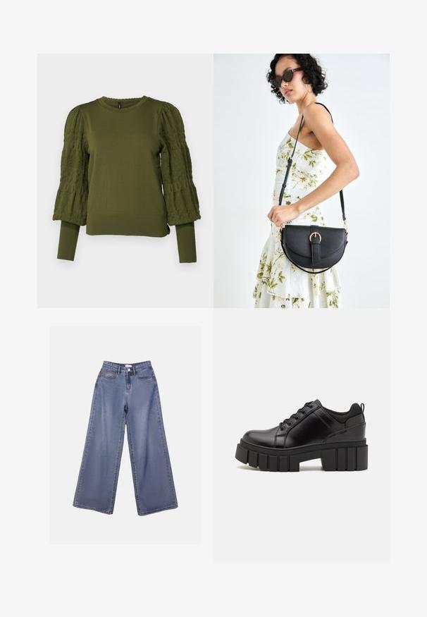 ONLY ONLMELITA O NECK - Stickad tröja - winter moss; Breda ben denimjeans i en ljusblå tvätt, med hög midja, framfickor och knappstängning med bälteshällor.; Svarta läderplattformsskor med en kraftig blockklack, rund tå och traditionell snörningsdesign. Har en slät textur och minimal detaljering.; Svart läderhandväska med en böjd form, avtagbar rem och guldiga detaljer. Väskan har ett lock med en spänndetalj.