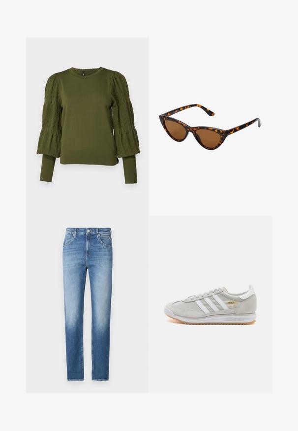 ONLY ONLMELITA O NECK - Strickpullover - winter moss; Hellblaue Denim-Jeans mit geradem Schnitt, verwaschenem Look, fünf Taschen und einem Knopfverschluss an der Taille. Auffälliges Steppdetail.; Hellgraue Sneaker aus Wildleder und Mesh, mit drei weißen Streifen, runder Zehenpartie und einer Sohle aus Gummi. Goldenes Logo-Detail nahe der Schnürsenkel.;  Katzenaugen-Sonnenbrille mit einem schwarz-orangenen Schildpattrahmen, braunen Gläsern und schlanken, spitzen Enden. Verfügt über ein minimalistisches Logo am Bügel.