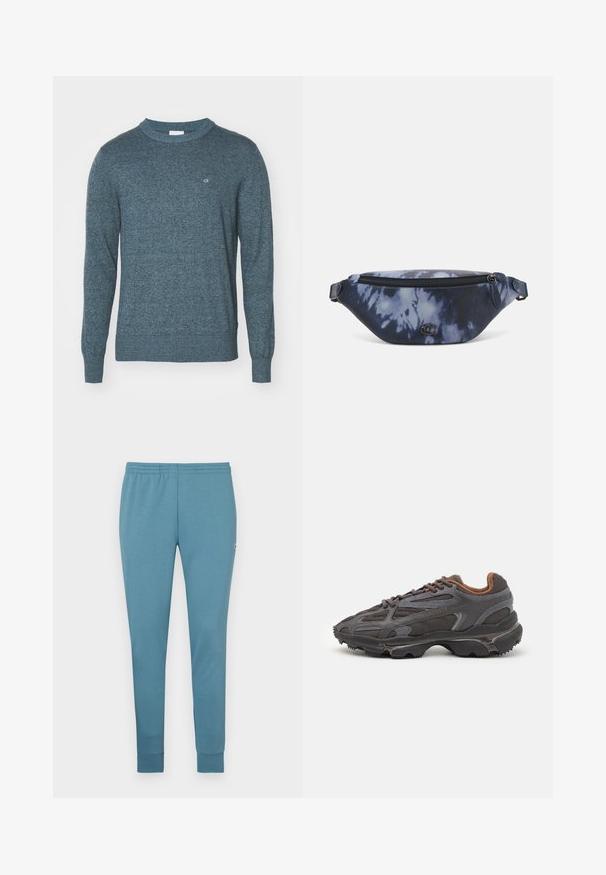 Blauwe gebreide trui met een ronde halslijn, lange mouwen, geribbelde manchetten en zoom, met een subtiele logo op de borst.; Lichtblauwe joggingbroek van zachte stof, met een tapers ontwerp, elastische tailleband en afgewerkte boorden. Klein logo aan de zijkant.; Lacoste sneakers in donkergrijs van mesh en synthetisch materiaal, met een gestructureerde zool en bruine accenten op de kraag en branding.; Fanny pack in donkerblauw tie-dye print met een ritssluiting bovenaan, textuur materiaal en een opvallend logo op de voorkant.