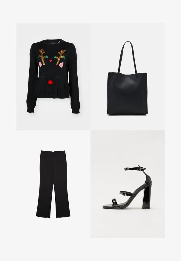 Czarny sweter z motywem renifera, z antylami pokrytymi złotymi cekinami, różowymi detalami na uszach, czerwonym nosem z pomponem oraz zielonymi i czerwonymi koralikami.; Czarne spodnie o prostym kroju, z przednimi kieszeniami i bocznymi rozcięciami na dole. Wykonane z miękkiego, gładkiego materiału. Odpowiednie na różne okazje.; Czarne lakierowane sandały na obcasie z kwadratowym noskiem, z paskami wokół kostki i srebrnymi klamrami. Posiadają masywny słupek dla stabilności.; Czarna skórzana torba tote o gładkiej fakturze, prostokątnym kształcie i dwóch długich uchwytach. Brak widocznych elementów metalowych i ozdób.