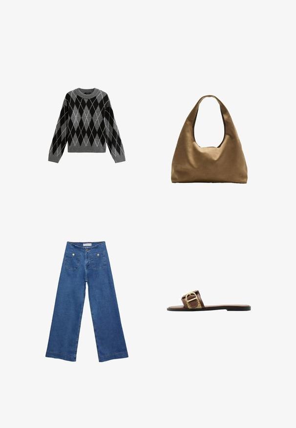 New Look ARGYLE CREW NECK MIDWEIGHT - Pullover - light grey; T-shirt marron à manches courtes en coton doux. Dispose d'un col rond et d'une coupe ample, avec une texture lisse et sans motifs visibles.; Jeans en denim à jambes larges avec un délavage bleu moyen, deux poches avant avec fermetures à bouton, et des détails cousus le long des ourlets.; Sandales à talons plats en cuir brun avec une large sangle ornée d'une boucle dorée et d'un motif texturé, reposant sur une semelle noire.; Sac à épaule en tissu marron avec un corps large et arrondi et une grande poignée découpée. Texture douce, design minimaliste et aucun matériel visible.