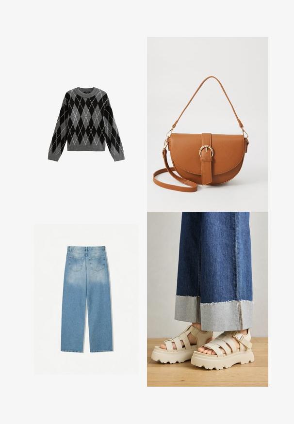 New Look ARGYLE CREW NECK MIDWEIGHT - Maglione - light grey; Jeans in denim blu chiaro con design a gamba dritta, dotati di due tasche posteriori e una texture scolorita nelle sezioni superiori.; Sandali platform beige con suole spesse presentano un design a cinturini e fettucce regolabili alla caviglia. Indossati con pantaloni in denim a gamba larga, un'orlo è sfilacciato.; Borsa a tracolla in pelle marrone con forma curvata, hardware dorato e un dettaglio con fibbia. Presenta una tracolla rimovibile.