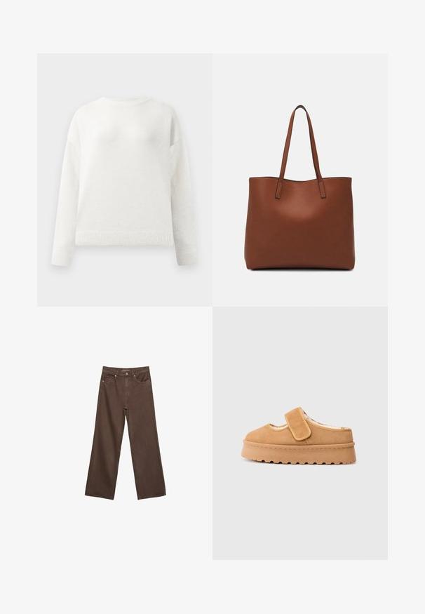 Weißer Rundhalspullover mit langen Ärmeln, gerippten Bündchen und Saum, der eine weiche, leicht flauschige Textur aufweist.; Weite braune Jeans aus Denim, mit hoher Taille, Fronttaschen und klassischem Knopfverschluss. Glatte Textur mit feinen Nähten.; Braune Wildleder-Slipper mit einem Klettverschlussriemen, runder Zehenpartie und dicker Plateausohle mit strukturiertem Gummi-Profil.; Braune Leder-Tote mit glatter Textur, offenem Oberteil und zwei Schulterriemen. Verfügt über minimale Nähte und keine sichtbaren Beschläge.