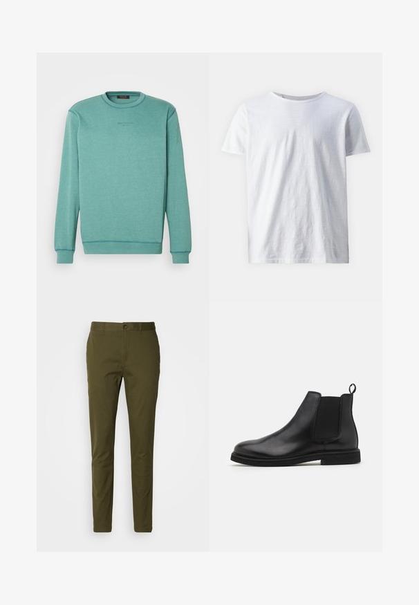 Gaiši teal krāsas džemperis ar apaļu kakla izgriezumu, garām piedurknēm un kontrastējošiem diegiem. Uz tā redzams teksts "Valdziņot Kodu" diskretā drukā.; Balta īsām piedurknēm puskrekls, izgatavots no viegla materiāla. Apaļa kakla izgriezums ar gludu virsmu un bez redzamām rakstiem vai akcentiem.; Olīvu zaļi bikses, izgatavotas no gludas kokvilnas, ar pogu aizdari, slaidu piegriezumu un minimālām šuvēm jostasvietā.; Melnas ādas Čelsijas botas ar elastīgām sānu daļām un vilkšanas cilpu. Apaļā pirksta forma un plakana gumijas zole, demonstrējot gludu apdari.