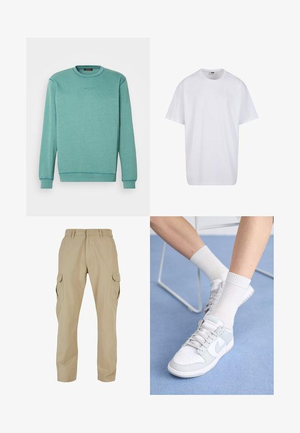 Heled teal kangas, millel on ümmargune kaelus, pikad varrukad ja kontrastne õmblus. Esitleb teksti "Kandu Koodi" peene trükiga.; Valge puuvillane t-särk lühikeste varrukatega, ümmarguse kaelusega, lõdva lõikega ja ilma nähtavate logodeta või mustriteta. Sile tekstuur ja minimaalne disain.; Beige cargo püksid, mis on valmistatud puuvillast twill-kangast, mitmete küljetaskutega, sirge jala disainiga ja lukuga põhipaela ning vöökandjatega.; Valged tennisetossud helesiniste detailidega, nahast ülemine osa, perforeeritud varvas, paksed lingid ja ribakujulised valged sokid sinise tausta vastu.