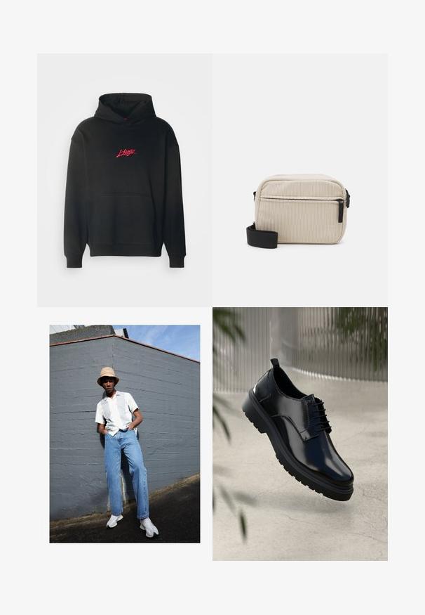 HUGO Sportska majica - black; Bjela košulja s kratkim rukavima sa svijetlosivim prugama, plave traperice i bijele tenisice, postavljeni uz sivi zid pod vedrim plavim nebom.; Crne kožne cipele s sjajnom završnom obradom, okruglim prstom, dizajnom s vezicama, kontrastnim šavovima i debelim gumennim potplatom s uzorcima profila.; Kremast ženski crossbody torba od kordura s crnim patentnim zatvaračem, uklonjivim remenom i teksturiranim uzorkom. Ima jedan glavni pretinac i prednji džep.