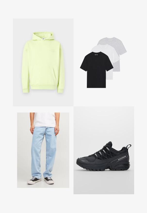 Svetlozelená mikina s kapucňou, predným vreckom, rebrovanými manžetami a lemom. Má tonálne embosované logo "OBEY STUDIOS" na hrudi.; Súprava troch základných tričiek v čiernej, bielej a svetlo šedej farbe. Krátke rukávy, okrúhly výstrih, vyrobené z hladkej bavlny. Viditeľné logo značky.; Svetlomodré džínsy s uvoľneným strihom, so straitpno nohou a štandardným prešívaním, skombinované s čiernymi teniskami.; Čierne športové topánky s vrchnou časťou z sieťoviny, gumovou podrážkou a reflexnými detailami. Majú polstrovanú podrážku a dizajn so šnurovaním.