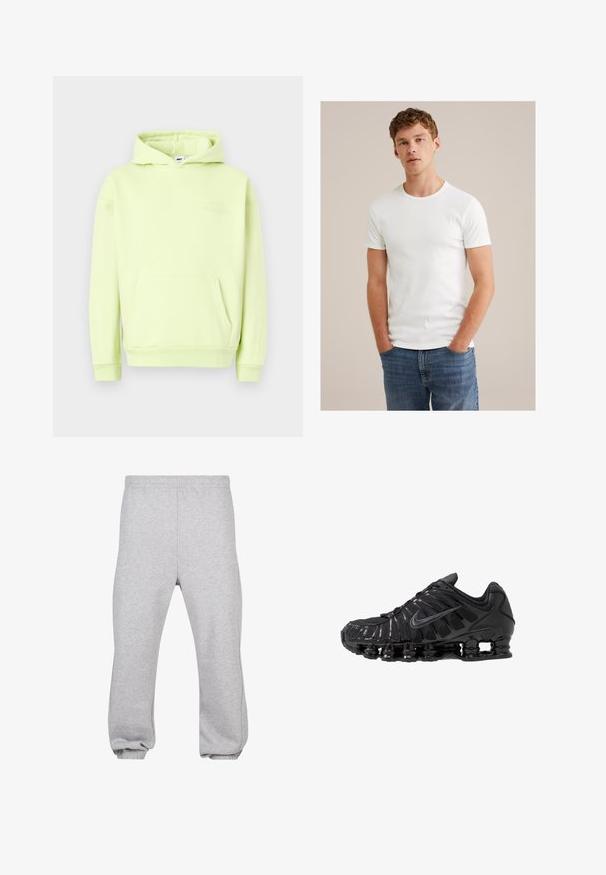Světle zelená mikina s kapucí a přední kapsou, s žebrovanými manžetami a lemem. Na prsou je tónově vyražené logo "OBEY STUDIOS".; Mladý muž s krátkými vroubkovanými vlasy, oblečený v jednoduchém bílém tričku s krátkým rukávem a modrých džínech, stojící s rukama v kapsách.; Šedé tepláky vyrobené z bavlněné směsi, s elastickým pasem, zúženými nohavicemi a manžetami na koncích. Jednoduchý design bez vzorů.; Černé sportovní boty z mesh a syntetických materiálů, s výrazným vlnitým designem, černou gumovou podrážkou a reflexními prvky.