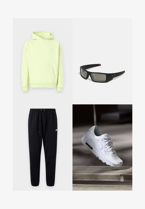 Šviesiai žalia smėlinė su priekiniais kišenėmis, raizgantis rankovėms ir apvadu. Su toniniu įspauduotu „OBEY STUDIOS“ logo ant krūtinės.; Juodi sportinės kelnės iš minkštos medžiagos, su elastinga juosmens juosta su raišteliais, siaurėjančiomis kojų dalimis ir mažu baltu logotipu kairėje pusėje.; Baltos Nike Air Max 90 sportbačiai su.comi ir odos viršumi, perforuota pirštų dėžute ir matomu oro pagalvėle kulne.; Juodi akiniai saulės su matinio paviršiaus užbaigimu, stačiakampiai lęšiai, švelnus lenkimas ant šventyklų, subtilus logotipo detalizavimas ir dūminiai lęšiai.