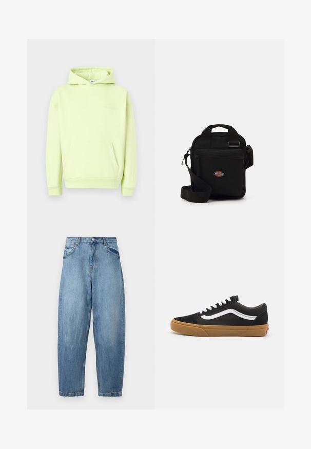Felpa di colore verde chiaro con tasca a marsupio davanti, polsini in rilievo e orlo. Presenta un logo a rilievo tonale "OBEY STUDIOS" sul petto.; Jeans in denim azzurro chiaro con una vestibilità rilassata, design a cinque tasche e texture sbiadita. La vita presenta un bottone e una chiusura con zip.; Sneakers in camoscio nero con striscia laterale bianca, lacci bianchi e suola in gomma marrone. Design classico low-top con accenti testurizzati e punta arrotondata.; Borsa a tracolla nera con tasca con zip, forma rettangolare, realizzata in tessuto, con una patch del logo sul davanti e spallaccio regolabile.