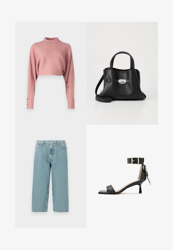 Sweter dzianinowy w stylu szydełkowym, w delikatnym różu, z wysokim kołnierzem, skróconym fasonem i szerokimi rękawami ozdobionymi dekoracyjnymi guzikami.; Jasnoniebieskie szorty dżinsowe z wysokim stanem, prostym krojem i surowym wykończeniem. Posiadają klasyczne zapięcie na guzik i zamek błyskawiczny oraz cztery kieszenie.; Czarne skórzane sandały na obcasie z kwadratowym noskiem, paskiem wokół kostki z złotą klamrą i wąskim obcasem. Gładka tekstura, minimalistyczny design.; Czarna skórzana torebka z teksturowanym wykończeniem, wyposażona w dwie górne rączki, odczepiany pasek na ramię oraz detal w postaci srebrnego zapięcia.