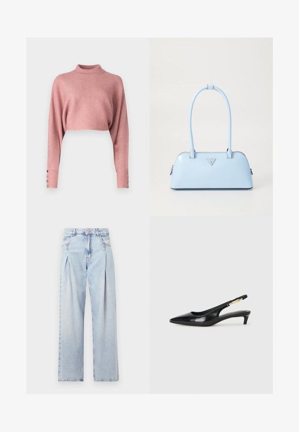 Pulover s pletenim rebrastim vzorom v mehki roza barvi z visokim ovratnikom, skrajšano zasnovo in širokimi rokavi, okrašenimi z dekorativnimi gumbi.; Svjetloplave traperice visoko struka, širokog kroja, s dva bočna djepa i naboranim dizajnom. Mekana tekstura s izblijedjelim završetkom.; Črne usnjene sandale na peto z ostro konico, ki imajo tanko peto in zlat ton na nastavljivem traku. Gladka tekstura.; Svijetloplavi ručni torbica s strukturiranim oblikom, glatkim kožnim materijalom, dvije ručke i trokutastim logotipom brenda na prednjoj strani. S zatvaračem.