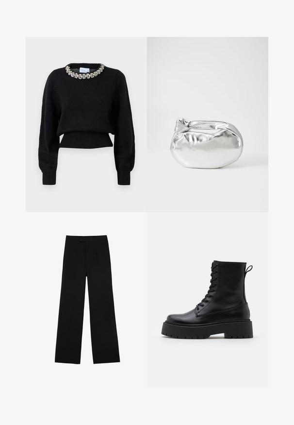 Mustat lyhennetyt neuleet, joissa on pitkät hihat ja koristeellinen helmi-kaula-aukko. Ribbaus hihansuissa ja helmassa.; Mustat leveälahkeiset housut, jotka on valmistettu sileästä kankaasta. Housuissa on etunappi kiinnitys ja kaksi laskosta lisäyksinä. Yleisesti ottaen muotoiltu malli.; Musta nahkainen nilkkureita, joissa on pyöreä kärki, nauhakiinnitys edessä ja paksu kumipohja, jossa on teksturoitu pinta. Takana vetotappi.; Hopeapintainen metallinen pussilaukku, jolla on pehmeä, pyöreä muoto ja solmittava yläosa. Valmistettu sileästä tekonahkamateriaalista.; Hopehope hopeilla, joissa on minimalistinen muotoilu. Pyöreä muoto, sileä pinta ja ohut profiili. Kevyet ja kiillotetut.