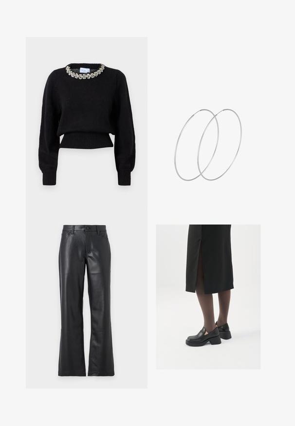 Črn skrajšan pulover iz pletenine, z dolgimi rokavi in dekorativnim izrezom obdanim z biseri. Rebrasti manšeti in rob.; Črne usnjene hlače s širokim robom, ki imajo sprednje žepke, zankice za pas in zaponko na gumb. Gladka tekstura z vidnimi šivi.; Črne usnjene čevlje s zaobljenim prstom, debelim blokastim petama in elastičnimi stranskimi detajli, v kombinaciji s temno nogavicami in črno krilo z razporkom.; Srebrne uhane v obliki obroča z minimalističnim dizajnom. Krožna oblika, gladka tekstura in tanek profil. Lahki s poliranim zaključkom.