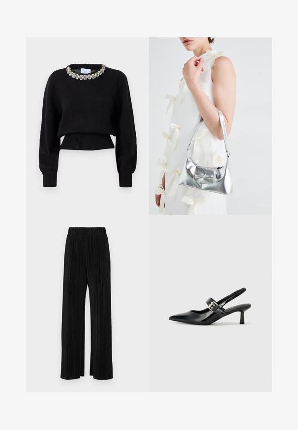Fekete, rövidített pulóver kötött anyagból, hosszú ujjakkal és díszes gyöngyös dekoltázzsal. Bordás mandzsetta és alj.; Fekete pliszírozott nadrág gumis derekkal. Széles lábakkal rendelkezik, sima, texturált anyagból készült, függőleges csíkokkal.; Fekete lakkbőr slingback sarkú cipők hegyes orral és kis blokk talppal, ezüst csat díszítéssel a pánton.; Ezüst fémes kézitáska, struktúrált formával, felső fogantyúval és masnis részlettel az elején. Simaságával és fényes felületével tűnik ki.