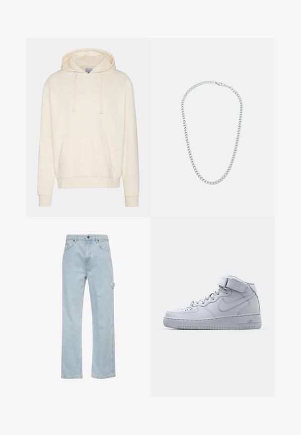 Kermainen huppari, jossa on nyörit, kengurupussi, ribbireunat ja helma. Takkissa on huomaamaton valkoinen brodeerattu logo rinnassa.; Vaaleansiniset farkut suoranlahkeisella muotoilulla, joissa on etu- ja takataskut sekä sivu cargo-tasku. Tasainen rakenne, rento tyyli.; Korkeat harmaat Nike Air Force 1 -tennarit, joissa on nahkainen päällinen, pehmustettu nilkkaosa ja tarranauha. Ikoninen muotoilu sisältää rei'itetyn varvastaskun.; Hopeaketju yhdistetyistä linkeistä, jossa on hopeanvärinen metallipinta ja turvallinen sulkemismekanismi. Tasainen pinta, sileä rakenne ja klassinen muotoilu.