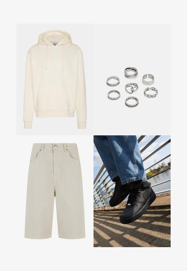Bluza z kapturem w kolorze kremowym, z sznurkiem do regulacji, kieszenią typu kangurka, ściągaczami na rękawach i dole. Posiada subtelne, białe haftowane logo na klatce piersiowej.; Beżowe szorty z denimu o prostym kroju, z zapięciem na guzik z przodu i czterema kieszeniami. Materiał ma gładką fakturę i minimalne detale w szwie.; Czarne sneakersy Nike Air Force 1 z skórzaną cholewką, siateczkowym językiem i gumową podeszwą, charakteryzujące się wysoką cholewką i grubymi sznurowadłami.; Zestaw siedmiu srebrnych pierścionków o różnych wzorach, w tym skręconych, połączonych i grawerowanych. Różne kształty i szerokości.