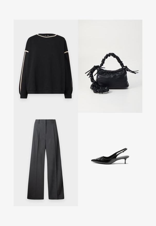 Zwarte sweatshirt met lange mouwen en beige afwerking langs de halslijn en mouwen, met een losse pasvorm en geribde manchetten en onderkant.; Wijde broek in donkergrijze stof, met een hoge taille, enkele plooien en een gladde textuur met een nette afwerking aan de zoom.; Zwarte leren slingbackhakken met een spitsen neus, lage kittenhak en geplooide details op het bovendeel. Gladde textuur en minimalistisch ontwerp.; Zwarte nepleer handtas met een krokodillenstructuur, opgedroogde bovenkant en een gekreukte hengsel. Het lijkt zacht en compact van ontwerp.