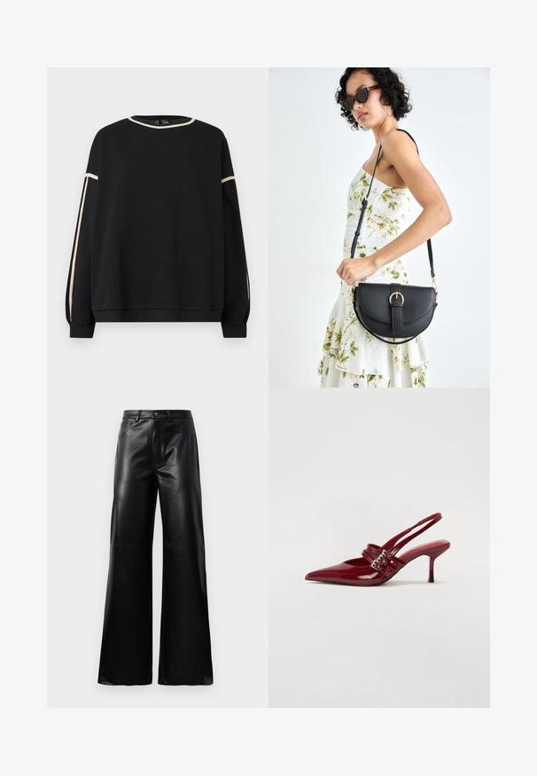 Sweatshirt preto de mangas longas com acabamentos bege ao longo do decote e das mangas, apresentando um corte solto e punhos e bainha canelados.; Calças largas de imitação de couro pretas, de cintura alta, com botão frontal, fecho de correr, passadores de cinto e bolsos laterais sobre fundo branco.; Sapatos de salto slingback em verniz vermelho, com bico fino, duas tiras com fivela e um salto stiletto fino de altura média. Textura suave.; Bolsa de couro preta com forma curva, alça destacável e detalhes em dourado. A bolsa possui uma aba com detalhe de fivela.