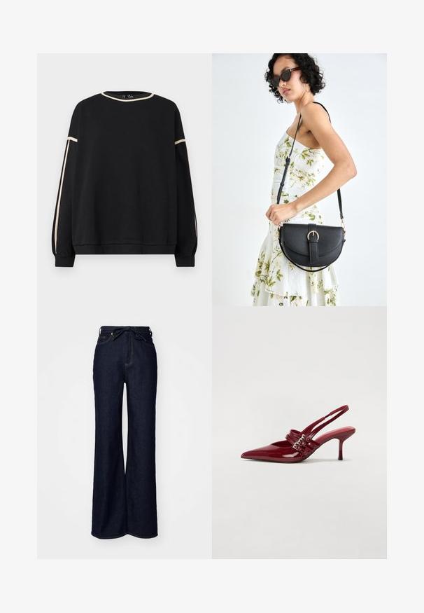 Sudadera negra de manga larga con ribetes beige en el cuello y las mangas, presenta un corte holgado y puños y dobladillo acanalados.; Vaqueros de tiro alto de denim de color azul oscuro y pernera ancha, con bolsillos delanteros y cierre de lazo en la cintura.; Zapatos de tacón tipo slingback en charol rojo con punta afilada, dos correas con hebilla y un tacón de stiletto delgado y de altura media. Textura suave.; Bolso de piel negra con forma curva, correa desmontable y herrajes dorados. El bolso cuenta con una solapa con un detalle de hebilla.