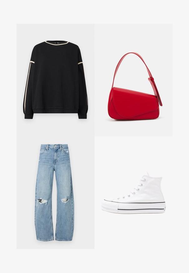 Mustat pitkähihainen collegepaita, jossa on beige kanttaus kaula-aukossa ja hihoissa. Paita on vapaasti istuva ja siinä on resorit hihansuissa ja helmassa.; Vaaleansiniset, korkeavyötäröiset farkut, jotka on valmistettu denimmateriaalista. Ominaisuuksiin kuuluvat leveät lahkeet, kaksi revittyä polvialuetta ja klassinen viiden taskun tyyli.; Valkoiset korkeavartiset kangaskengät mustalla kumipohjalla, edessä kuminen varvasosa ja kuusi nauha-aukkoa, puhtaan minimalistisella muotoilulla.; Punainen nahkalaukku, jossa on kulmikas, geometrinen muotoilu. Varustettu yhdellä säädettävällä hihnalla ja läpällä, jossa on ommeltu yksityiskohtia.