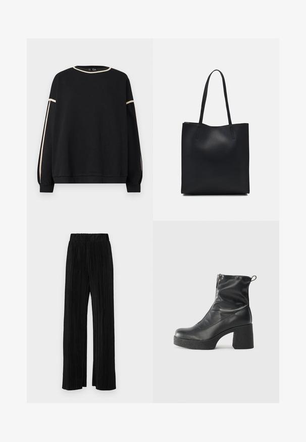 Crni dukserica dugih rukava s bež rubom duž izreza i rukava, s opuštenim krojem i rebrastim manžetama i rubom.; Crne plisirane hlače s elastičnim pojasom. Imaju široke nogavice i glatku, teksturiranu tkaninu s vertikalnim prugama.; Crne gležnjače od glatke kože, s bočnim zatvaračem, debelim teksturiranim potplatom i dizajnom s zaobljenim prstima.; Crna kožna torba za nošenje s glatkom teksturom, pravokutnim oblikom i dvije duge ručke. Nema vidljivih metalnih dijelova ili ukrasa.