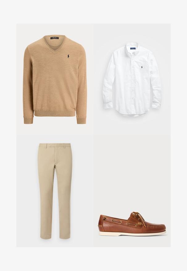 Pull beige à col en V et manches longues avec poignets et bas côtelés, arborant un petit logo brodé d'un joueur de polo bleu marine sur la poitrine gauche.; Chemise blanche à manches longues en coton. Dotée d'un col classique, de poignets à boutons et d'un petit logo brodé bleu marine sur la poitrine.; Pantalon en coton beige avec une coupe droite, doté de passants de ceinture, d'un devant plat et de ourlets soignés. Texture lisse et détails minimaux.; Chaussure bateau en cuir marron avec lacets, œillets dorés et semelle en caoutchouc crème. Conçue avec un motif de couture surélevé au niveau de l'orteil.