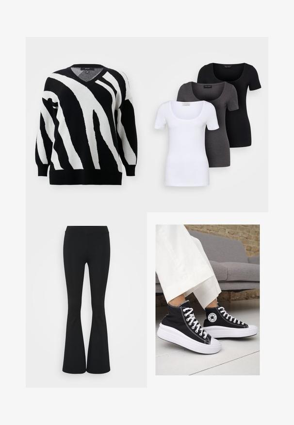 Vero Moda Curve VMCNANCY VNECK LONG - Džemperis - black/birch; Trys priderinti marškiniai: balti, pilki ir juodi. Kiekvienas turi plačią apvalią iškirptę ir trumpas rankoves. Pagaminti iš lygaus, tamprių audinio.; Juodai platėjantys kelnių, pagamintų iš tamprių medžiagų, kurie turi aukštą juosmenį ir lygią tekstūrą. Kelnės platėja nuo kelio.; Juodi kanvasiniai aukšti sportbačiai su baltais guminiais padu ir raišteliais. Šonuose yra apskritas logotipas ir ryški balta siūlė.
