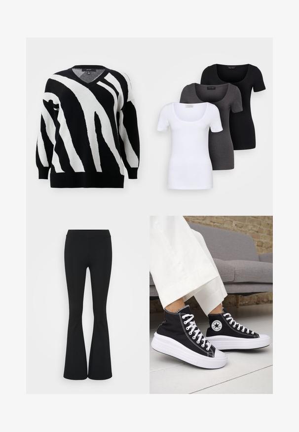 Vero Moda Curve VMCNANCY VNECK LONG - Pullover - black/birch; Trois T-shirts ajustés en blanc, gris et noir. Chacun présente un décolleté large et des manches courtes. Fabriqués en tissu lisse et extensible.; Pantalon évasé noir en tissu extensible, présentant une taille haute et une texture lisse. Le pantalon s'élargit à partir du genou.; Baskets montantes noires avec semelles et lacets en caoutchouc blanc. Dotées d'un patch logo rond et de surpiqûres blanches contrastantes. Matière en toile.