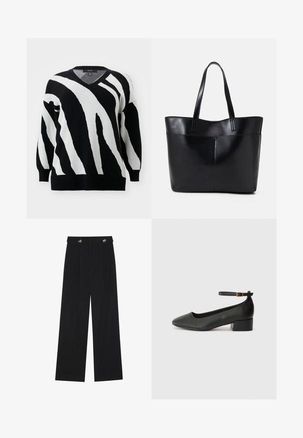 Vero Moda Curve VMCNANCY VNECK LONG  - Svetr - black/birch; Černé široké kalhoty s vysokým pasem, detailní knoflíky na pase a přední záhyby.; Černé kožené lodičky s špičatou špičkou a nízkým blokovým podpatkem. Obsahují pásek kolem kotníku se zlatou sponou. Hladký povrch.; Černá kožená taška s dlouhými ušima, hladkým povrchem a strukturovaným tvarem. Obsahuje přední kapsu pro další úložný prostor.