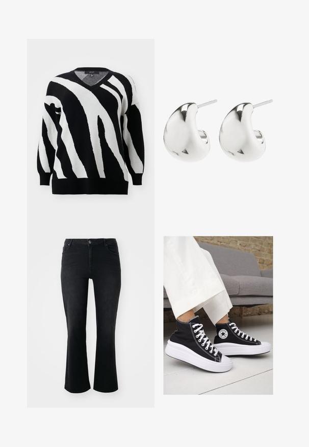 Vero Moda Curve VMCNANCY VNECK LONG  - Vesta - black/birch; Crne traperice s srednjim strukom, prednjim gumbom, dva prednja džepa, dva stražnja džepa i proširenim nogavicama.; Crne platnene visoke tenisice s bijelim gumiranim potplatima i vezicama. Imaju kružni logo sa strane i kontrastne bijele šavove.; Srebrne naušnice s glatkim, zakrivljenim dizajnom. Imaju polirani završetak i postavljen stražnji dio za sigurno nošenje.