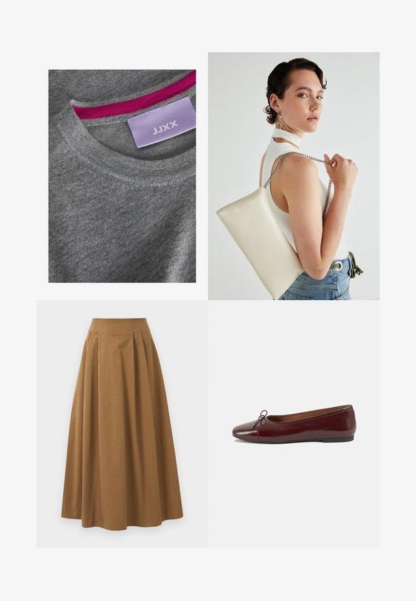 Harmaa neulepusero, jossa on ribattua miehustaa. Vaaleanpunainen sisäkauluskorostus. Merkkilappu näkyvissä, jossa lukee "JJXX" vaalean liilalla taustalla.; Ruskea puuvillainen A-linjainen hame korkealla vyötäröllä, jossa on laskokset edessä ja sileä pinta. Helma on viimeistelty siististi ja yksinkertaisesti.; Burgundin värinen lakattu nahkainen ballerinatossu pyöreällä varvaskärjellä, pienen nauhan yksityiskohdalla edessä ja matalalla mustalla kumipohjalla. Sujuva pinta.; Valkoinen suorakulmainen clutch-laukku, joka on valmistettu kiiltävästä materiaalista ja jossa on hopeinen ketjuolkahihna. Malli poseeraa laukku käsivarsillaan yksinkertaista taustaa vasten.