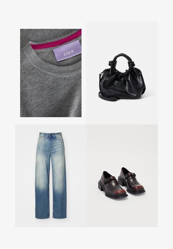 Maglione grigio a maglia con scollo a girocollo a coste. Accento rosa all'interno del collo. Etichetta visibile con "JJXX" su uno sfondo viola chiaro.; Jeans larghi azzurri chiari con vita alta, realizzati in denim, caratterizzati da un gradiente sbiadito, cinque tasche e finiture in metallo.; Scarpe in pelle con tacco a blocco, dal lucido finish bordeaux scuro, dotate di cinturino con fibbia e punta arrotondata. Suola testurizzata per una migliore aderenza.; Borsa a tracolla in pelle nera con un design arricciato, manici corti e arrotondati, e una tracolla rimovibile. Texture liscia con una silhouette morbida.