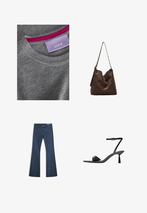 Harmaa neulepusero, jossa on ribattua miehustaa. Vaaleanpunainen sisäkauluskorostus. Merkkilappu näkyvissä, jossa lukee "JJXX" vaalean liilalla taustalla.; Tummansiniset leveälahkeiset farkut, joissa on tikatut taskut, nappisuljenta ja sileä pinta. Ominaisuuksiin kuuluu klassinen viiden taskun muotoilu.; Bershka Korolliset sandaalit - black; Ruskea mokkanahkainen hobo-laukku, jossa on kaareva yläosa, pitkä hihna, jossa on pistekoristeet, ja pehmeä pinta. Ominaisuuksiin kuuluu rento muotoilu, joka sopii arkikäyttöön.