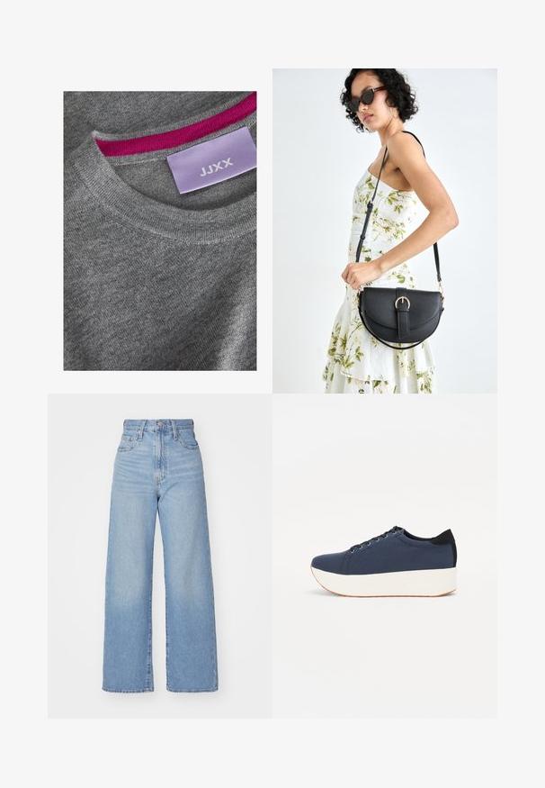 Hallide halli kampsun ribaga ümarate kaelustega. Roosa sisekaela aktsent. Silt on nähtav, millel on "JJXX" helesinise taustaga.; Heledad sinine kõrge vöökohaga laiad teksad, ees nupp ja tõmblukk, ees ja taga taskud, valge tausta peal.; Tumedat sinised tennised tekstureeritud riidest pealispinnaga, valge platvormi tallaga, ümarate varvaste ja musta kontsapaneeliga. Omab kuut silma paelte jaoks.; Mustmust mustraha kõverate joontega, eemaldatava rihmaga ja kuldsete detailidega. Kotil on klapp, millel on pandladetail.