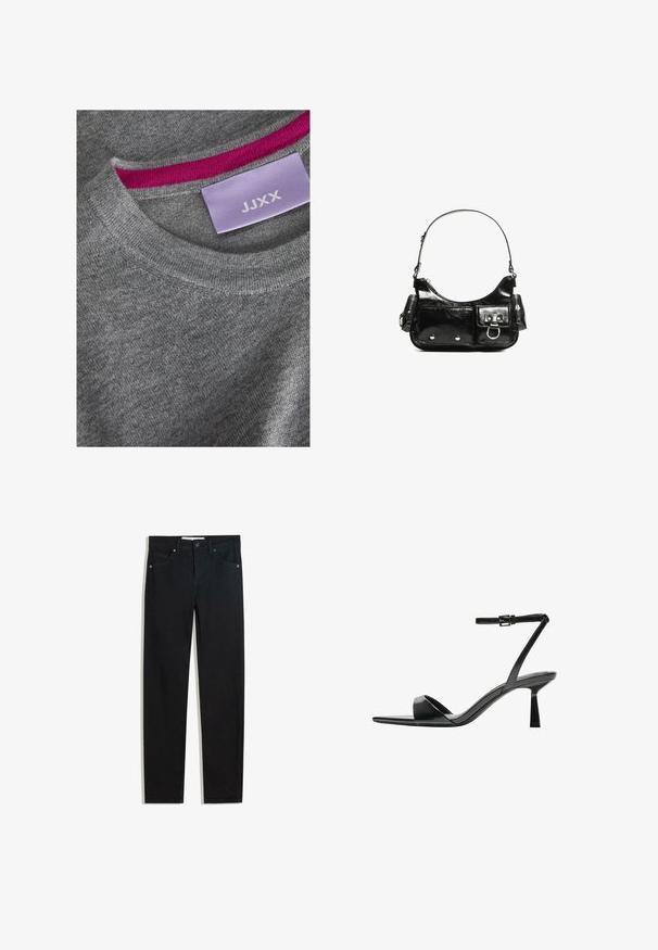 Pulover tricotat gri cu guler rotund cu nervuri. Accesoriu roz pe interiorul gulerului. Eticheta vizibilă cu "JJXX" pe un fundal violet deschis.; Pantaloni din denim negri cu un design drept, cinci buzunare, închidere cu nasture metalic și detalii subtile de cusătură. Textură netedă.; Bershka Sandale cu toc - black; Geantă de mână din piele lăcuită neagră, cu o formă curbată, un umăr, buzunare frontale și accente din metal argintiu.