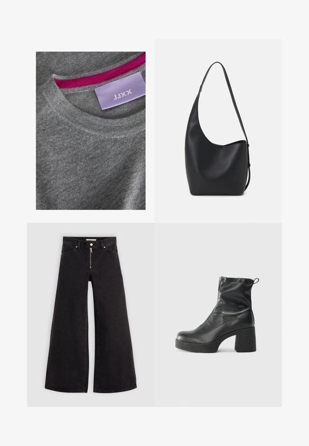 Gray knit sweater with a ribbed crew neckline. Pink inner neck accent. Label visible with "JJXX" on a light purple background.; Wide-leg jeans in black denim with a zippered front, five-pocket design, and subtle stitching details. Smooth texture and casual style.; Black ankle boots made of smooth leather, featuring a side zipper, chunky textured heel, and rounded toe design.; Black leather hobo bag with a smooth texture, curved shape, and single adjustable strap; features a wide opening at the top.
