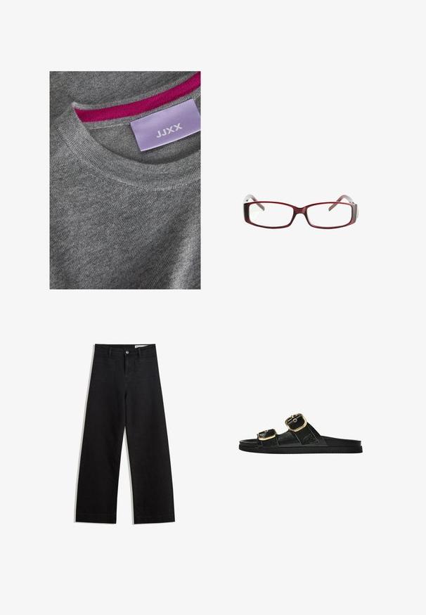 Gray knit sweater with a ribbed crew neckline. Pink inner neck accent. Label visible with "JJXX" on a light purple background.; Black wide-leg denim pants with a high waist, featuring front and back pockets, stitched seams, and a button closure. Smooth texture.; Black slide sandal with two gold buckle accents, smooth textured material, flat sole, and a minimalist design.; Red rectangular eyeglasses with a sleek design. Clear lenses, slightly translucent temples, and a gradient effect from red to gray.