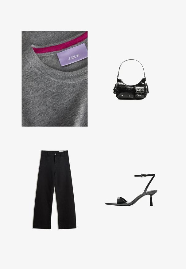 Sivi pleteni pulover z rebrastim krojem okrog vratu. Rožnata notranja obroba vratu. Oznaka vidna z "JJXX" na svetlo vijolični podlagi.; Črne široke denim hlače z visokim pasom, ki imajo sprednje in zadnje žepe, šivane šive ter gumbasto zapiranje. Gladka tekstura.; Bershka Sandali z visoko peto - black; Črna lakasta usnjena torbica s ukrivljeno obliko, enim ramenskim trakom, sprednjimi žepi in srebrnimi kovinskimi dodatki.