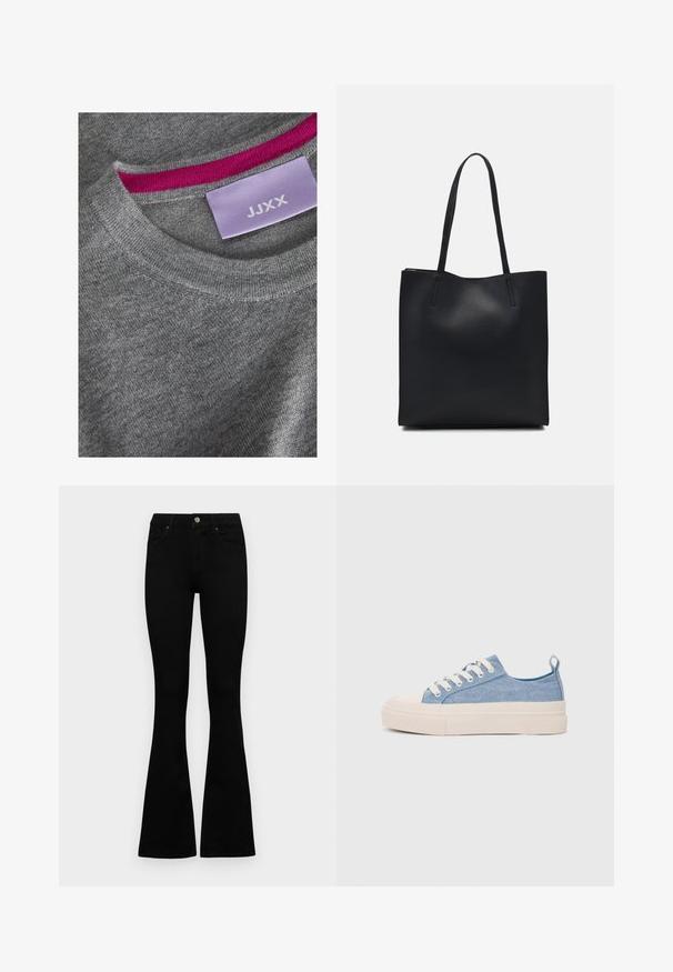 Grauer gestrickter Pullover mit einem gerippten Rundhalsausschnitt. Rosa Akzent am inneren Ausschnitt. Etikett sichtbar mit "JJXX" auf einem helllila Hintergrund.; Schwarze hochtaillierte Jeans mit einem Knopf- und Reißverschluss, Fronttaschen und ausgestellten Beinen, flach auf einem weißen Hintergrund ausgelegt.; Helleblaue Leinensneaker mit einer cremefarbenen Gummikappe und Außensohle, ausgestattet mit weißen Schnürsenkeln und einer Zuglasche an der Ferse.; Schwarze Laptoptasche aus Leder mit glatter Textur, rechteckiger Form und zwei langen Griffen. Keine sichtbaren Beschläge oder Verzierungen.