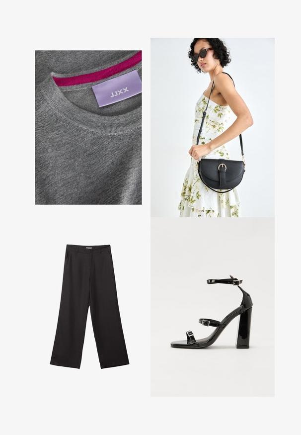 Sivi pleteni pulover z rebrastim krojem okrog vratu. Rožnata notranja obroba vratu. Oznaka vidna z "JJXX" na svetlo vijolični podlagi.; Črne široke hlače iz gladkega materiala, z sprednjim zadrgo in dvema stranskima žepoma, s prilagojenim krojem in minimalističnim dizajnom.; Črne lakirane sandale s peto, kvadratnim prstom, trakovi okrog gležnja in srebrnimi zaponkami. Opremljene so s stabilno Debelo peto.; Črna usnjena torbica s ukrivljeno obliko, z odstranljivo naramnico in zlatimi dodatki. Torbica ima pokrov s podrobnostmi v obliki zaponke.