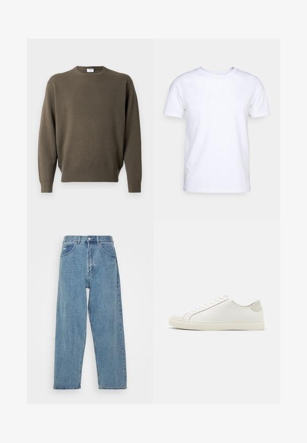 Pull vert kaki avec un motif texturé, col rond et poignets et ourlet côtelés. Tissu léger, design décontracté sans ornements.; T-shirt blanc à manches courtes en tissu de coton avec un col rond. Design simple sans motifs ni accents. Texture lisse.; Jean en denim bleu clair à taille haute, coupe décontractée, avec deux poches avant, une poche arrière plaquée et une fermeture à bouton.; Baskets en cuir blanc avec une surface lisse, bout rond et design minimaliste. Présentent des accents beiges sur le talon et une semelle en caoutchouc.