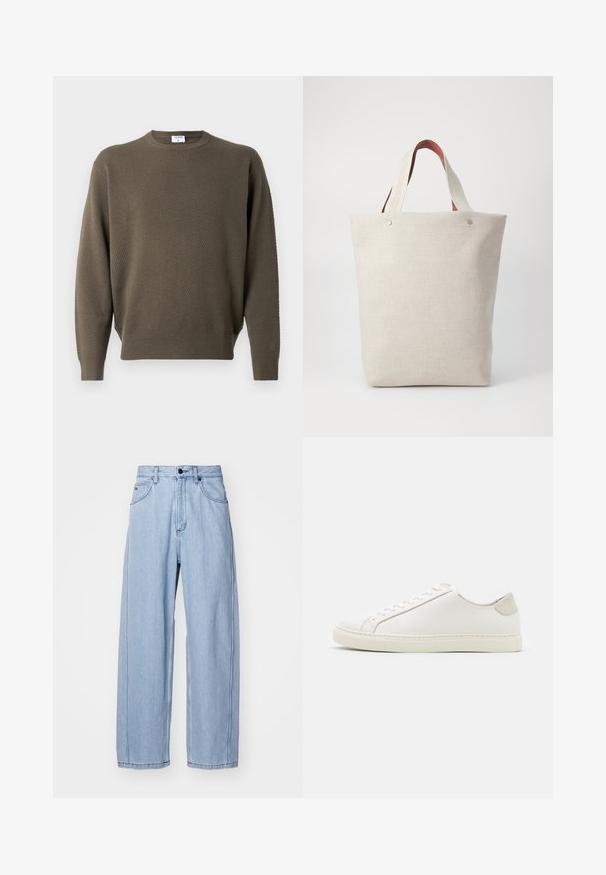 Maglione verde khaki con un motivo testurizzato, scollo a girocollo e polsini e orlo a coste. Tessuto leggero, design casual senza decorazioni.; Jeans in denim azzurro chiaro con un design a gamba ampia, caratterizzati da tasche anteriori, chiusura con bottone e cuciture dettagliate lungo le cuciture.; Sneaker bianca in pelle con superficie liscia, punta rotonda e design minimalista. Presenta dettagli beige sul tallone e una suola in gomma.; Borsa a tracolla in tessuto beige chiaro con finitura testurizzata, dotata di due manici in pelle marrone a contrasto e dettagli metallici nella parte superiore.